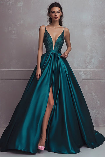 Sparkly Dark Green A-Line Spaghetti Straps Satin Beading Long Prom Dress with Slit